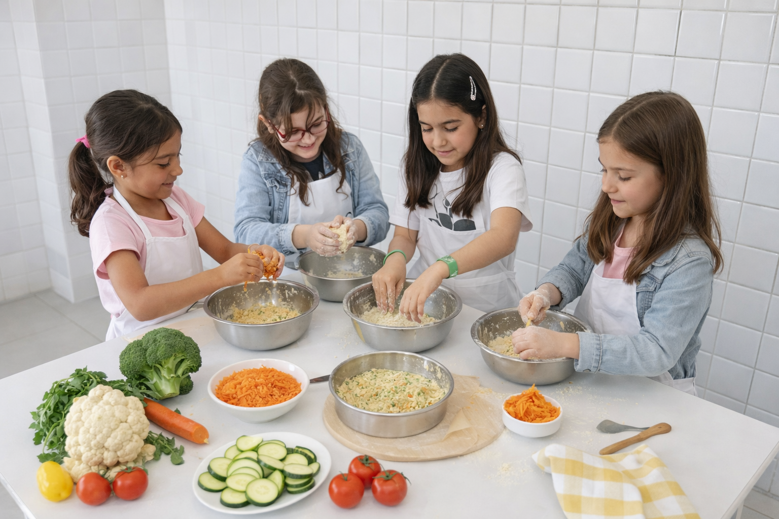 Crianças com aventais participando de vivência culinária em grupo na cozinha terapêutica