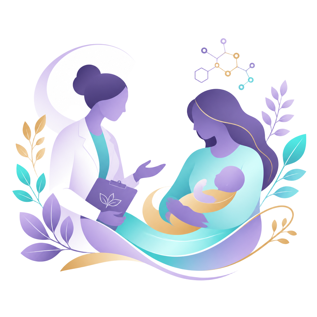 Ilustração de uma nutricionista acolhendo mãe e bebê, cercada por folhas e elementos que sugerem ciência e escuta.