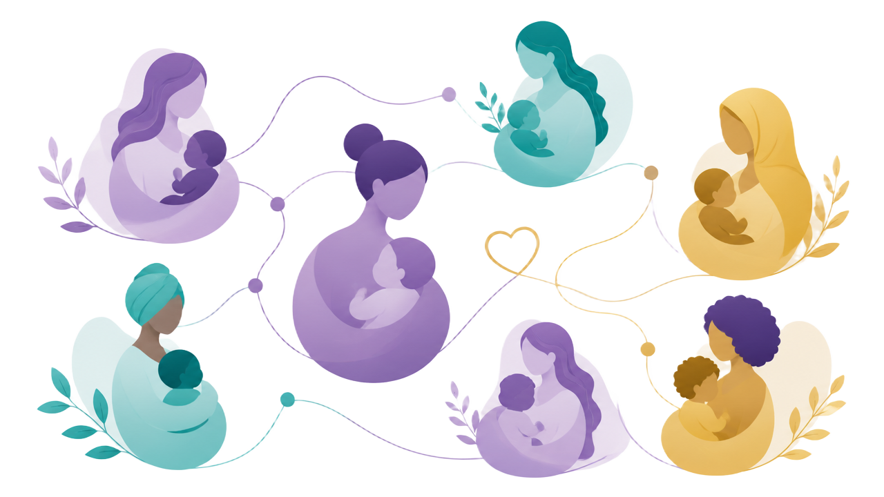 Ilustração de mães com bebês conectadas por linhas orgânicas, formando uma rede de apoio.