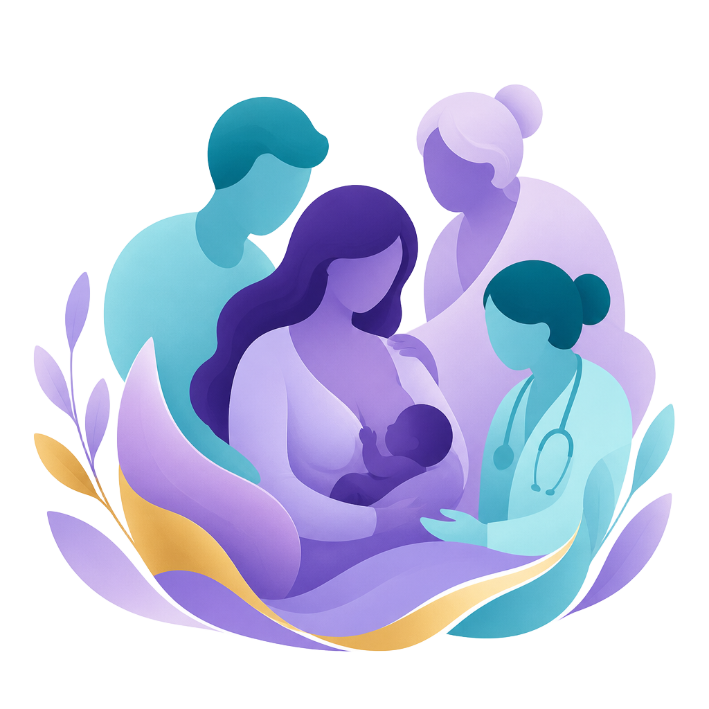 Ilustração de uma mãe amamentando envolvida por uma rede de apoio — parceiro, avó e profissional de saúde.