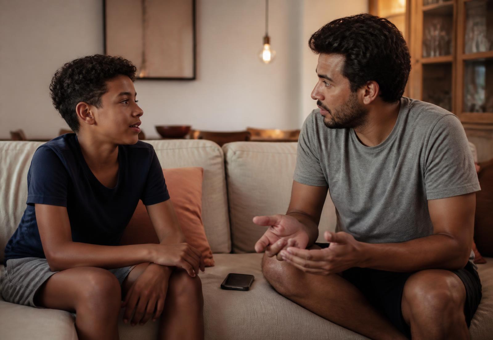 Pai e filho adolescente conversando no sofá, com o celular apoiado de lado
